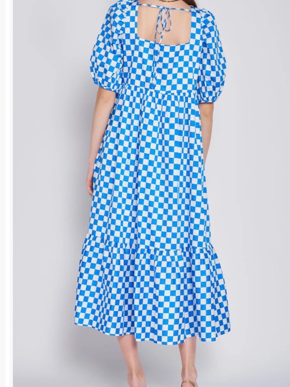 En Saison Blue and White Checkered Puff-Sleeve Maxi Dress